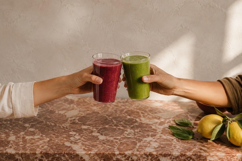 Two friends toast with berry and green smoothies over a pink marble counter.