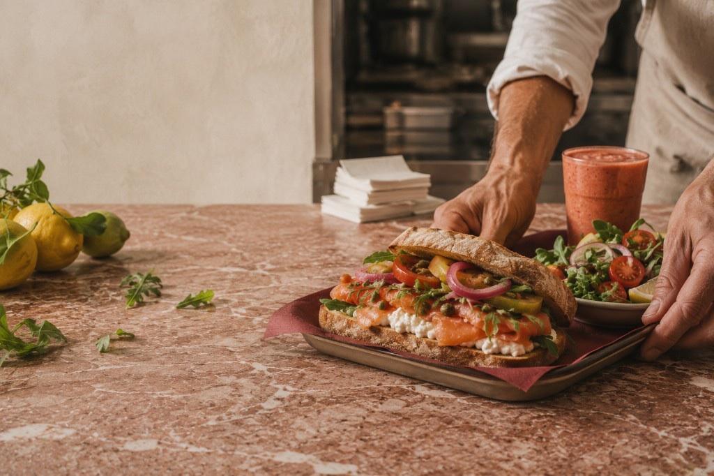 A chef moves a smoked-salmon panino, salad and smoothie across the kitchen pass.